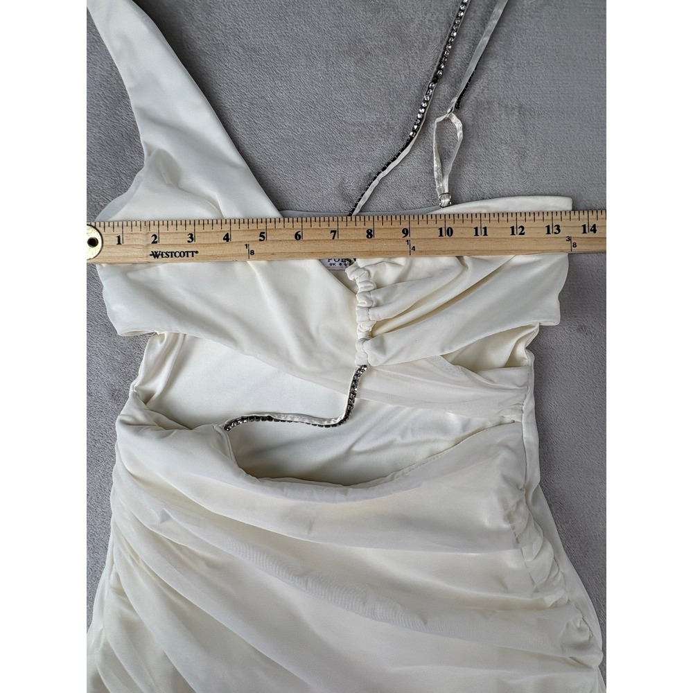 Oh Polly Ivory Ruched Mesh Mini Dress Rhinestone Chain Cutout One Shoulder US 4 - Picture 6 of 10